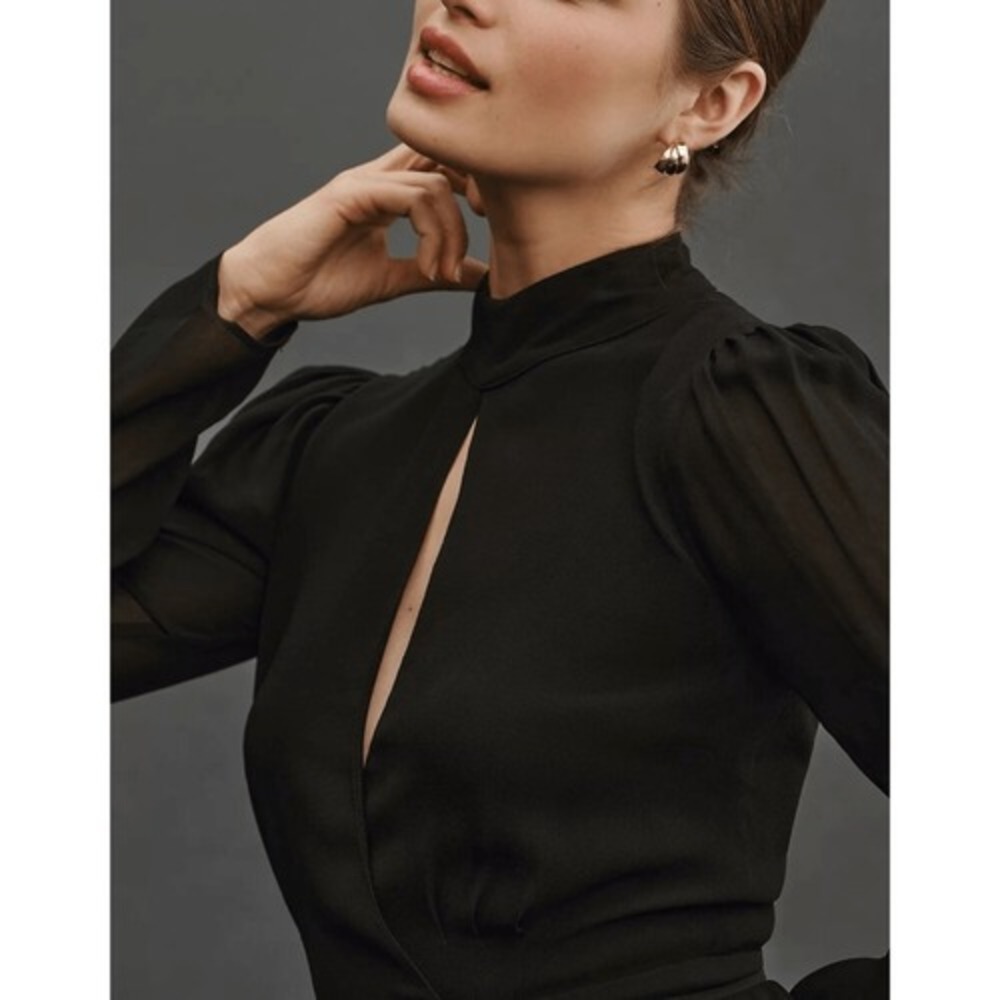 NEW Reformation Ottessa Mini Dress Size XS Black Wrap Long Sleeve - Picture 5 of 10